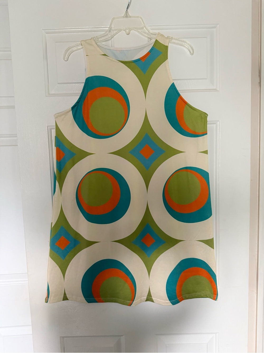 Retro Circle Print Tank Dress in Cream, Green, Blue & Orange
